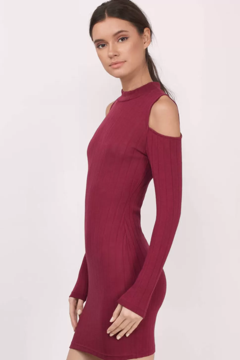 Casual Dresses*Tobi Juliette Cold Shoulder Ribbed Long Sleeve Bodycon Dress Wine