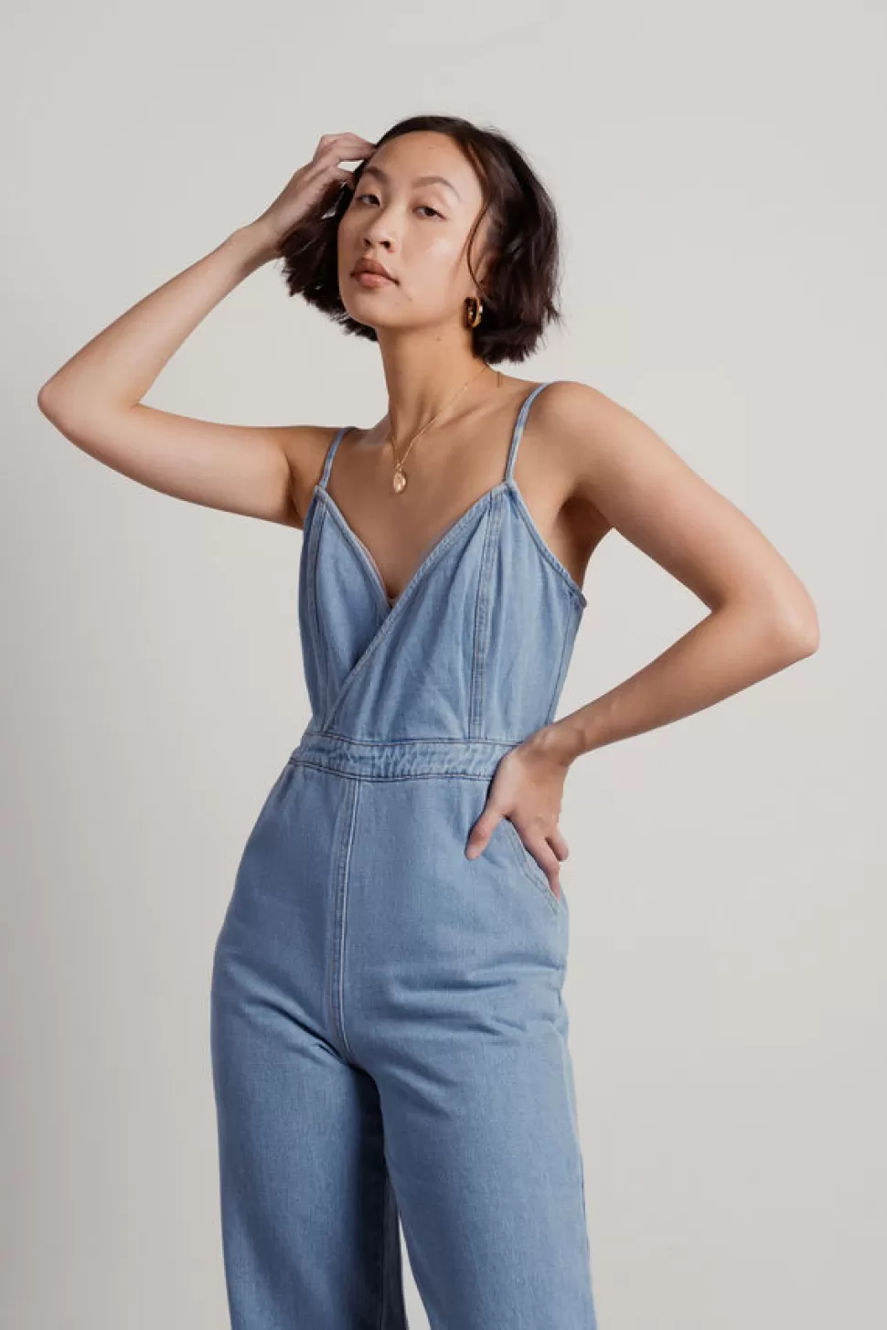 Rompers & Jumpsuits*Tobi Jump Up Surplice Wide Leg Denim Overall Jumpsuit Medium Wash