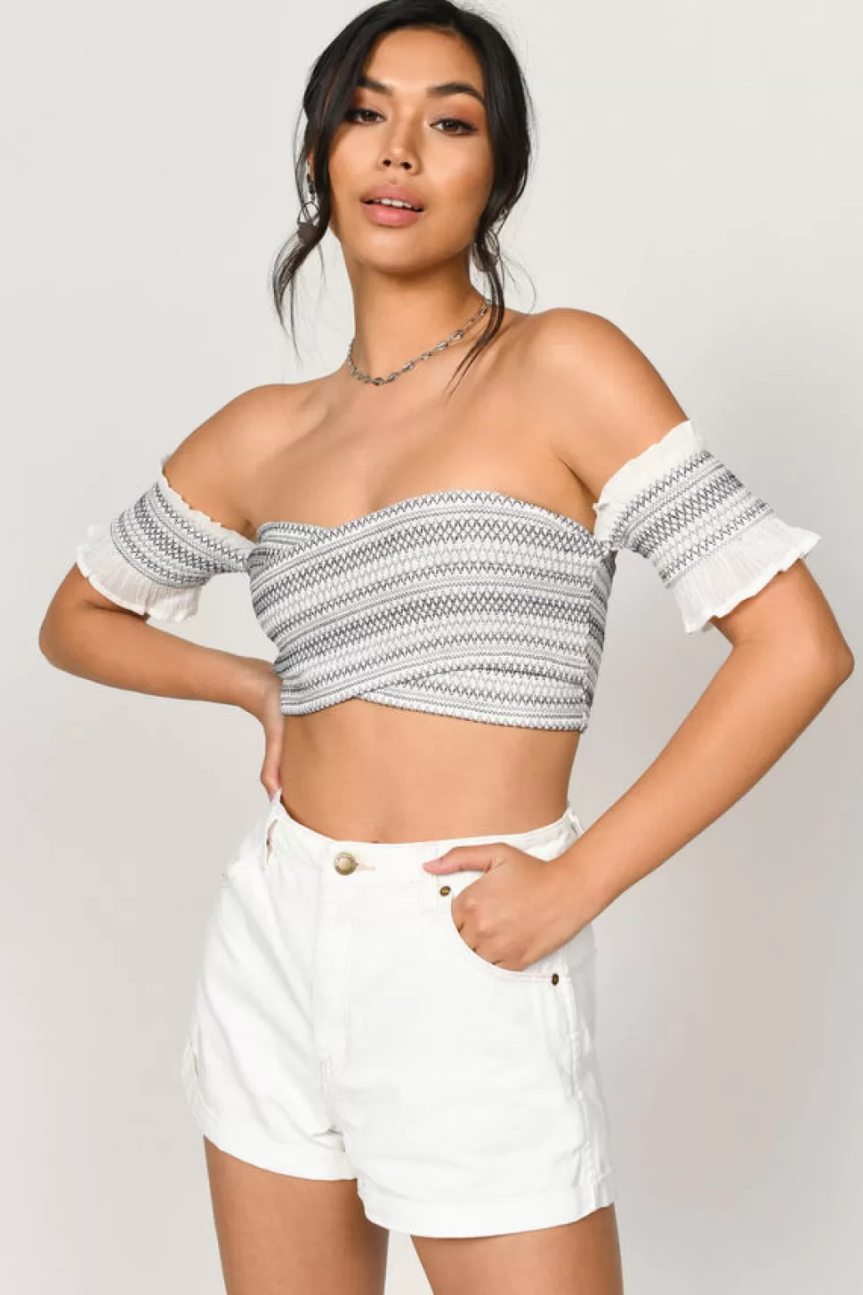 Off The Shoulder Tops*Tobi June Off Shoulder Smocked Top Navy & Grey | Rainbow