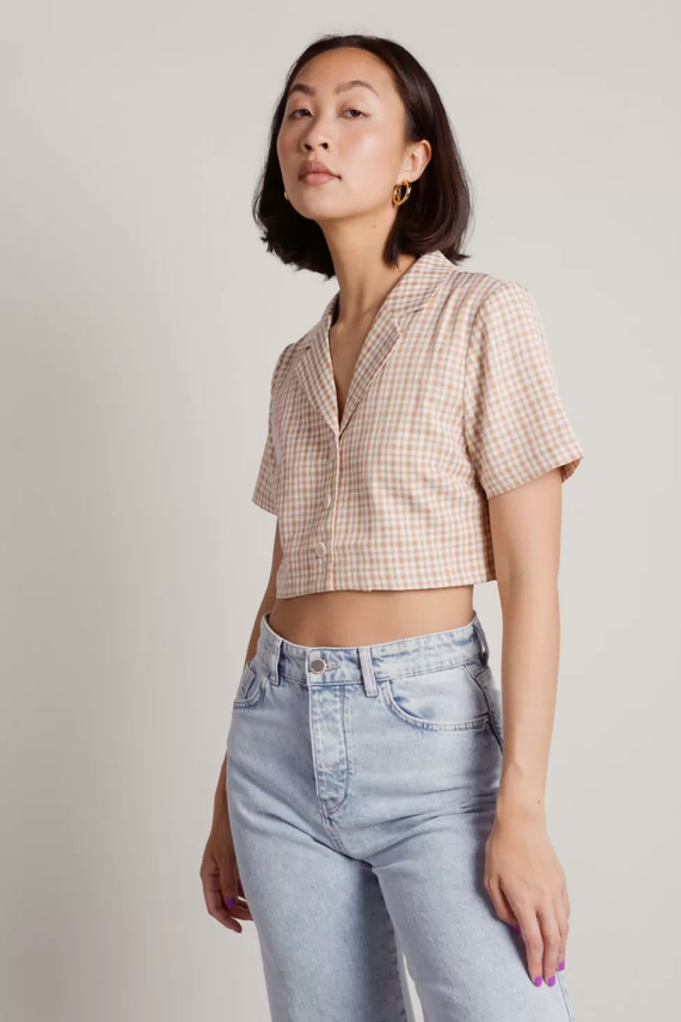 Blouses & Shirts*Tobi Just Friends Plaid Button Up Crop Top Tan