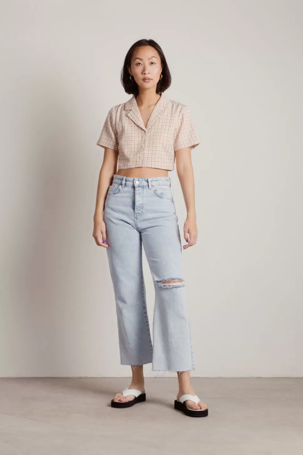 Blouses & Shirts*Tobi Just Friends Plaid Button Up Crop Top Tan