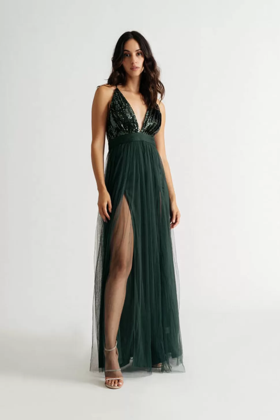 Black Tie & Evening Dresses*Tobi Just Like That Plunging Sequins Mesh Maxi Dress Hunter Green