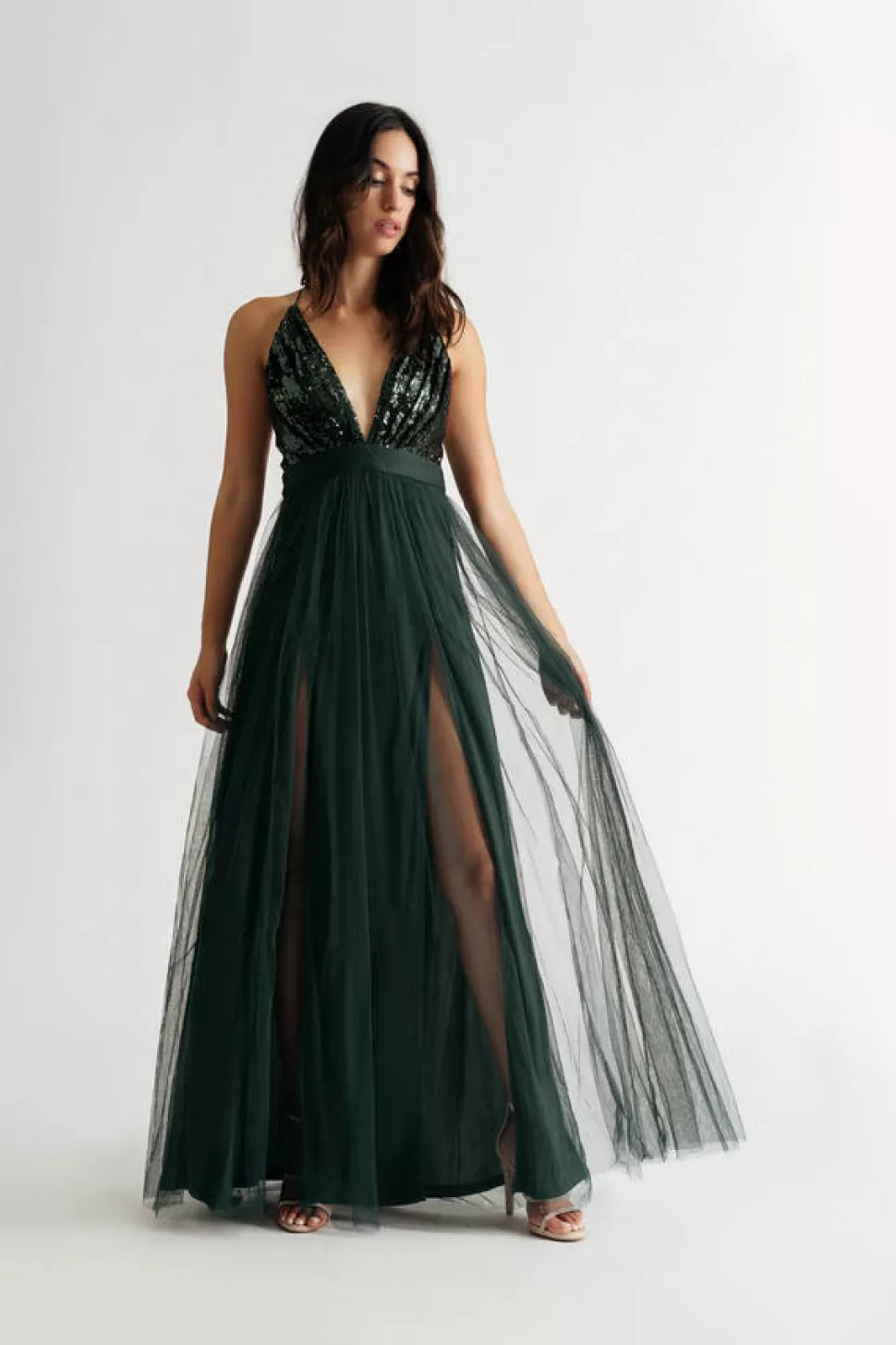 Black Tie & Evening Dresses*Tobi Just Like That Plunging Sequins Mesh Maxi Dress Hunter Green