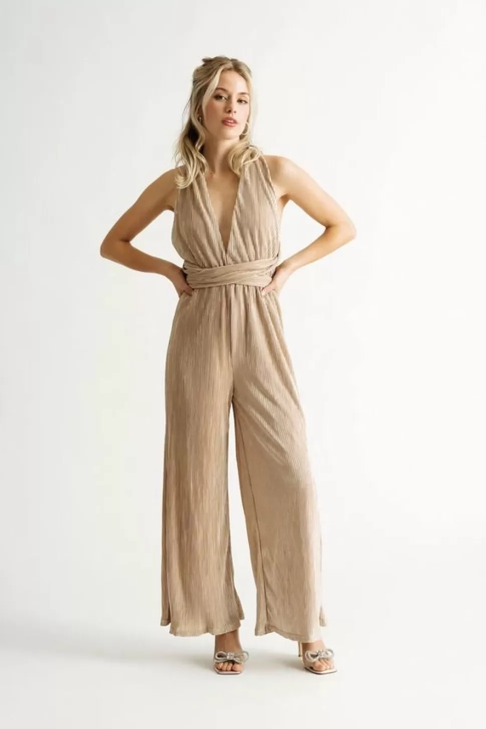 Rompers & Jumpsuits*Tobi Just Tonight Foiled Pleated Multi-Way Wide Leg Jumpsuit Beige