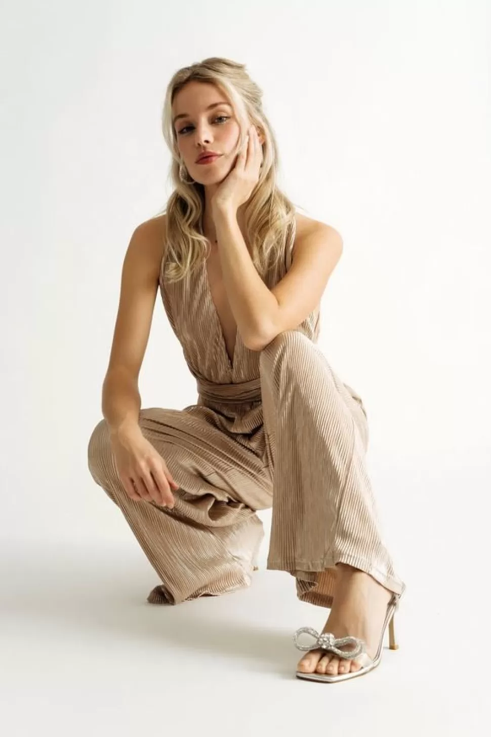 Rompers & Jumpsuits*Tobi Just Tonight Foiled Pleated Multi-Way Wide Leg Jumpsuit Beige