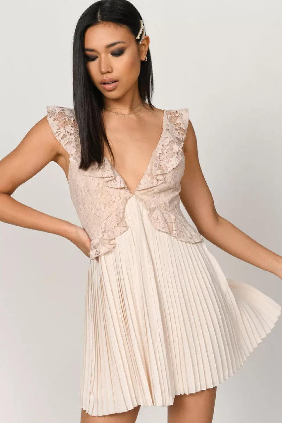 Skater Dresses*Tobi Just Us Two Pleated Skater Dress Champagne