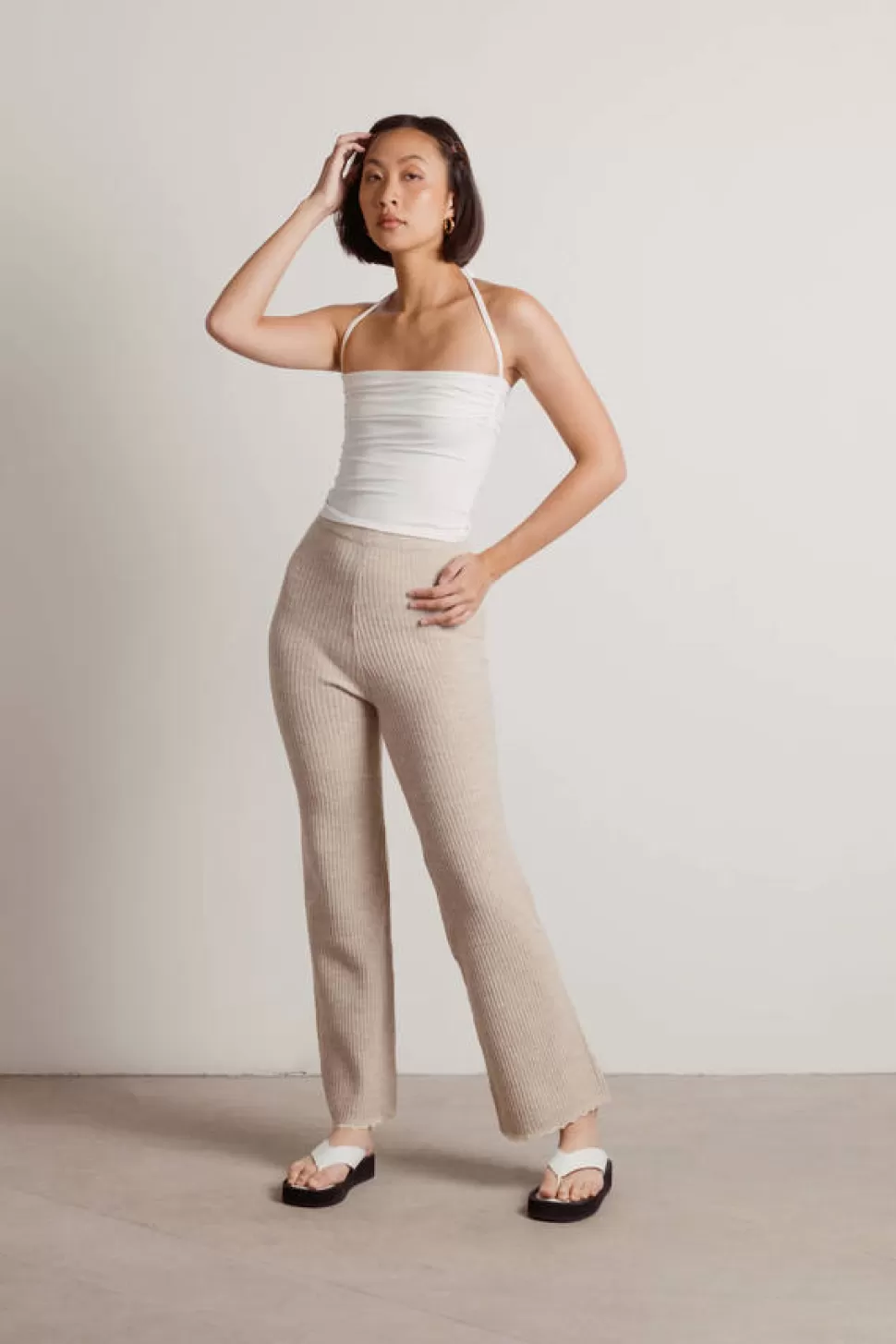 Pants*Tobi Just Waiting On You Lace Trim Ribbed Pants Oatmeal