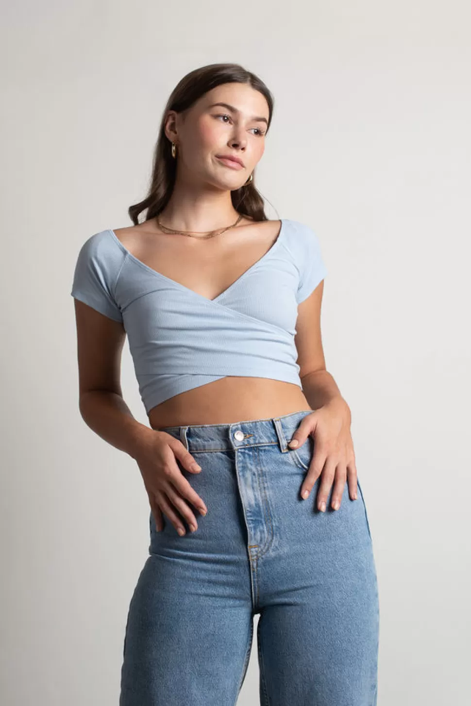 Crop Tops*Tobi Kacie Ribbed Surplice Crop Top Baby Blue | Taupe