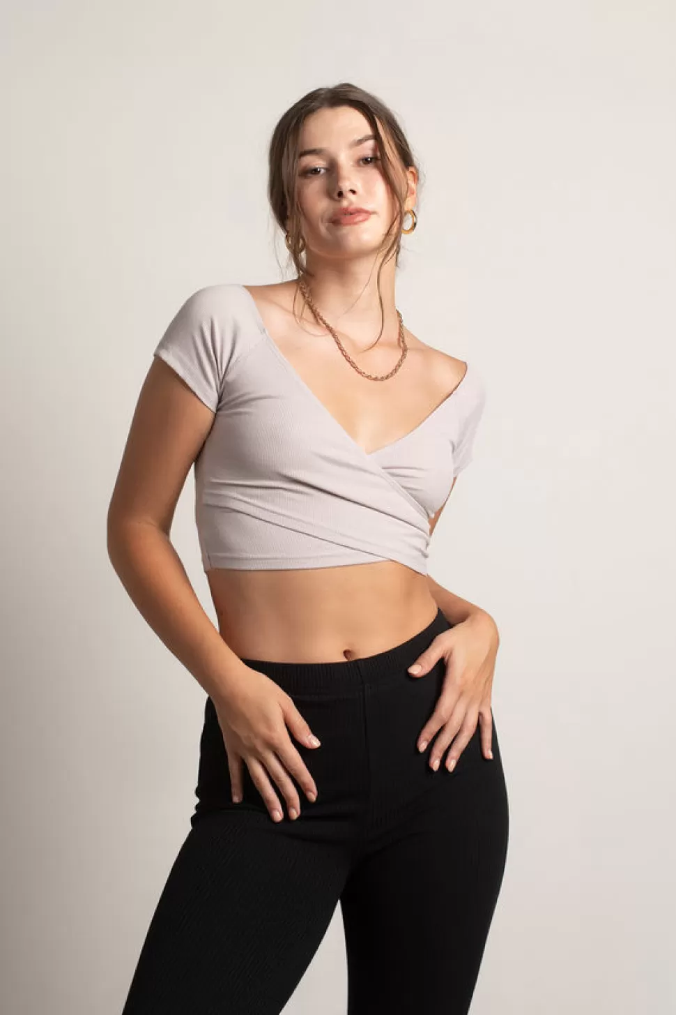 Crop Tops*Tobi Kacie Ribbed Surplice Crop Top Baby Blue | Taupe