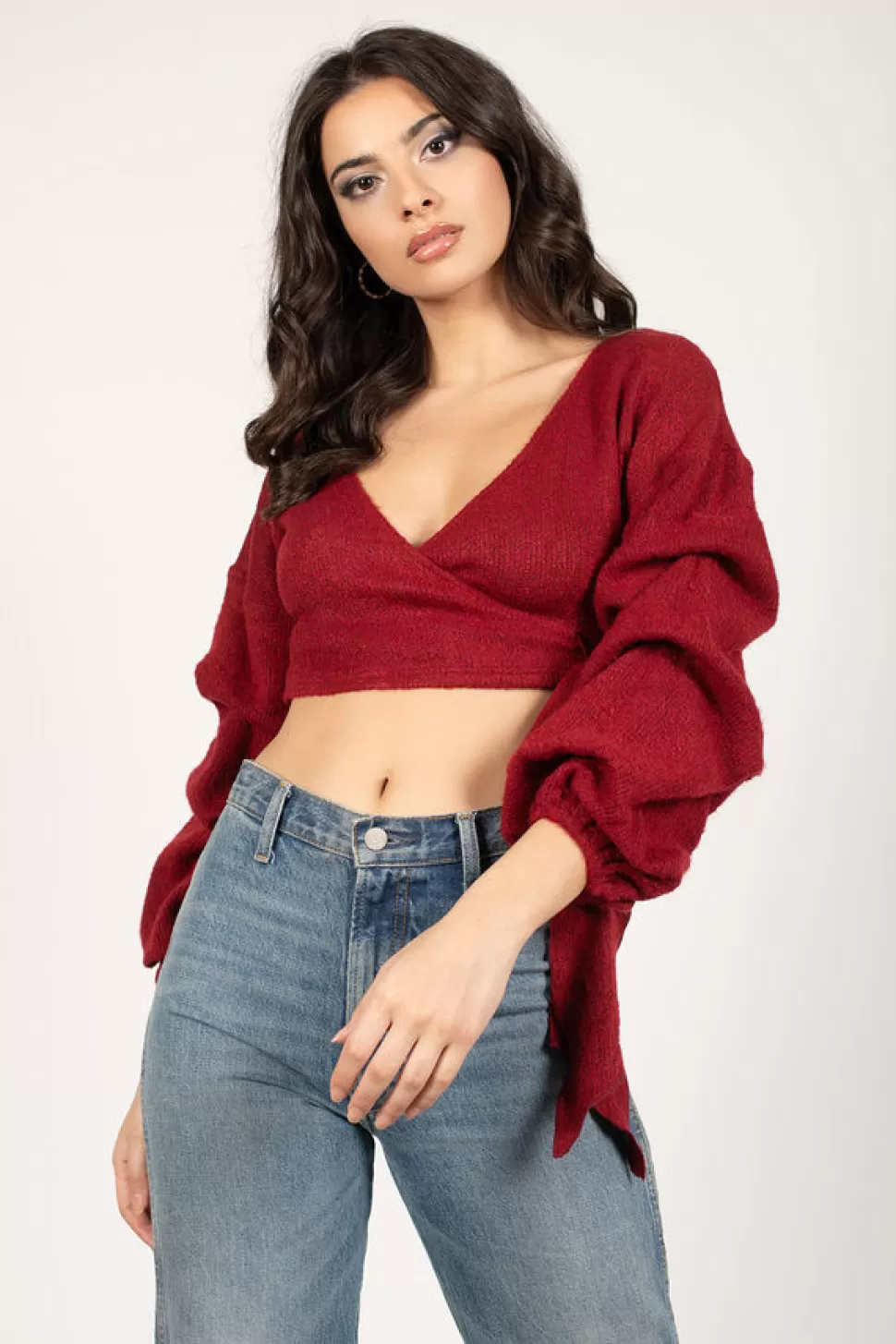 Red Tops*Tobi Kamala Wrap Puff Sleeve Sweater Wine