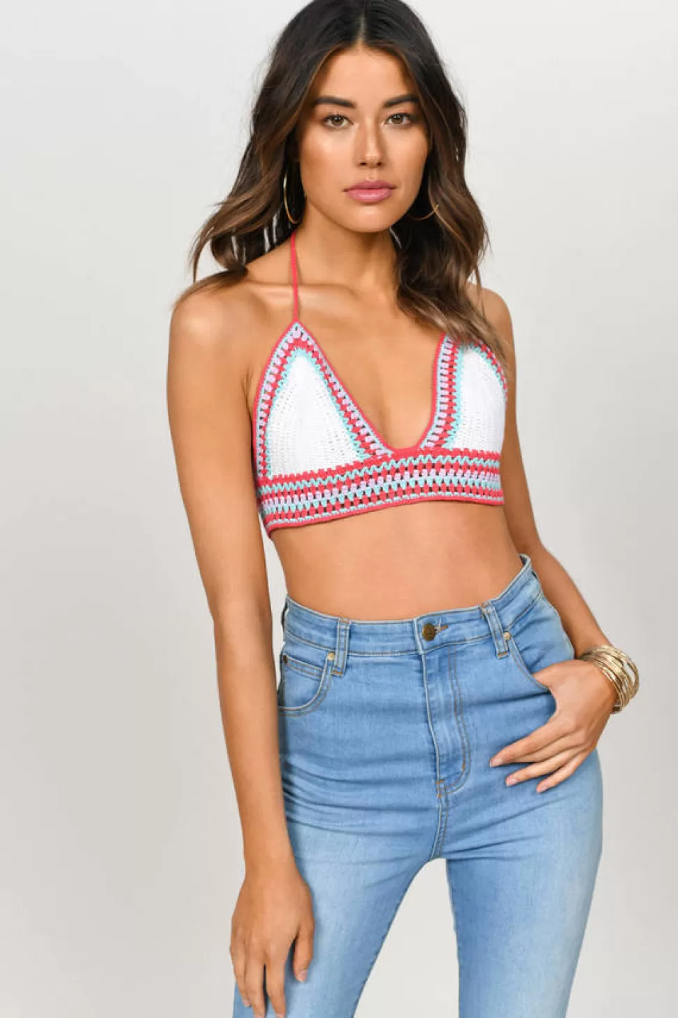 Crop Tops*Tobi Kara Halter Crochet Crop Top Pink Multi | Orange Multi