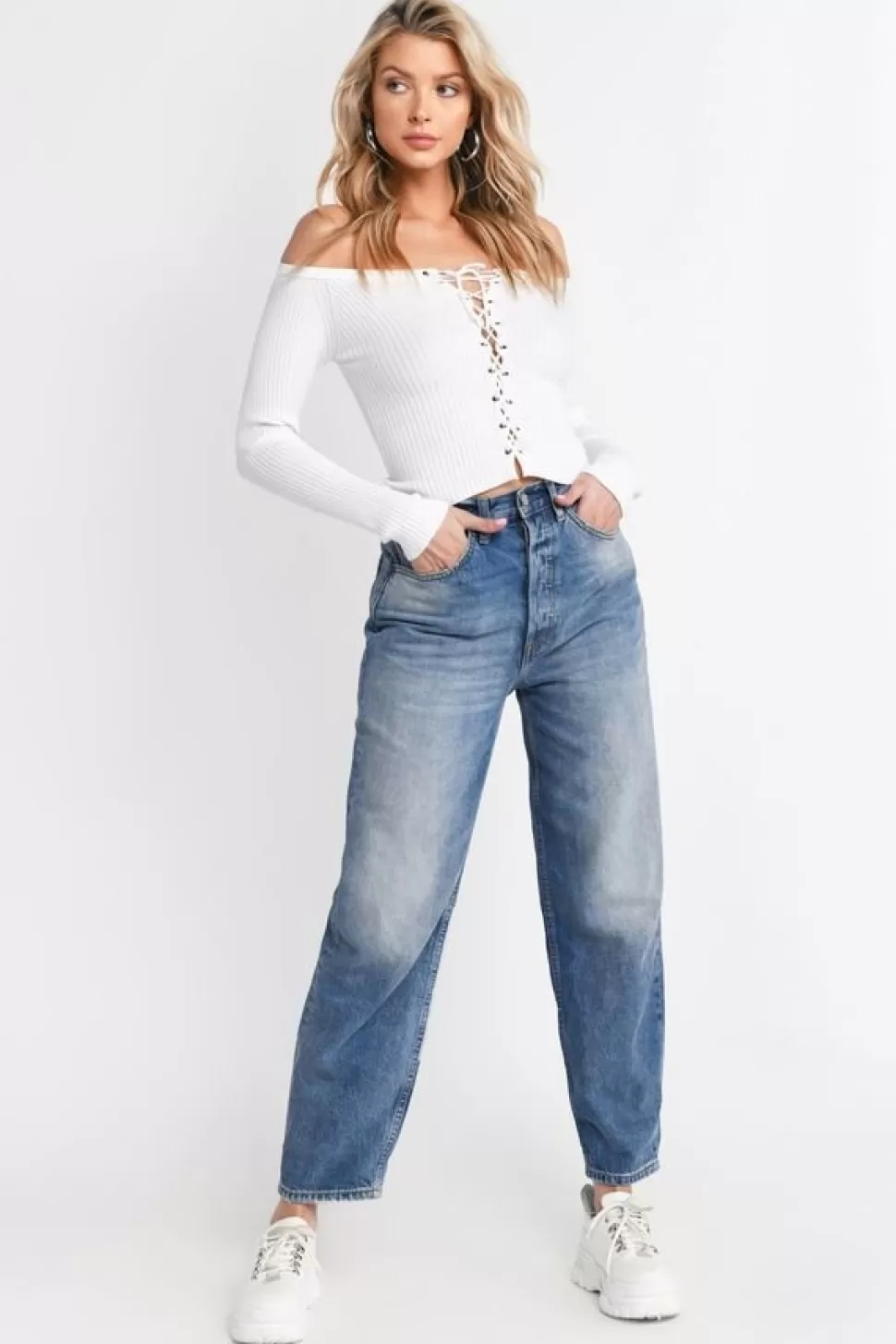 Going Out Tops*Tobi Katrina Off Shoulder Knit Ribbed Top White