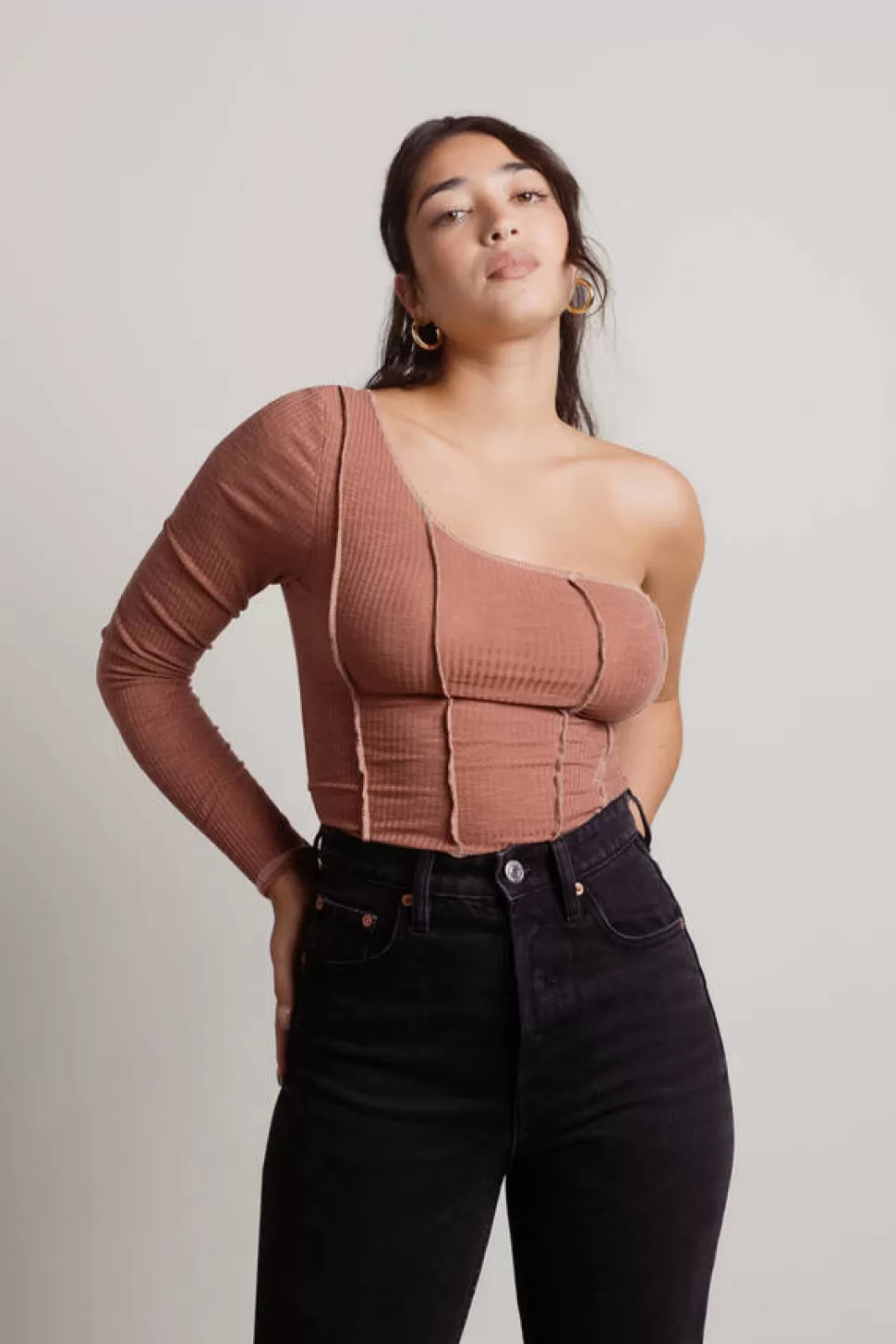 Red Tops*Tobi Kaylin One Shoulder Long Sleeve Crop Top Brick