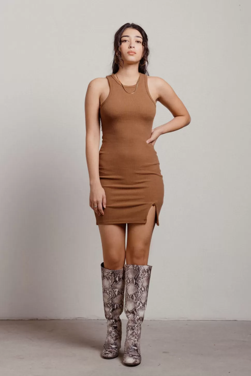 Casual Dresses*Tobi Keep It Basic Ribbed Slit Bodycon Dress Brown | Gray | Beige | Olive