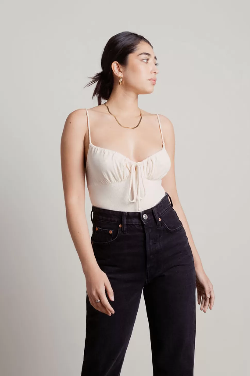 Going Out Tops*Tobi Keep Up Ruched Bust Front Tie Bodysuit Off White