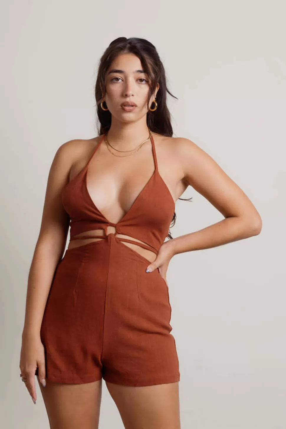 Rompers & Jumpsuits*Tobi Kiss Me Halter Cutout Waist Tie Romper Brown | Black