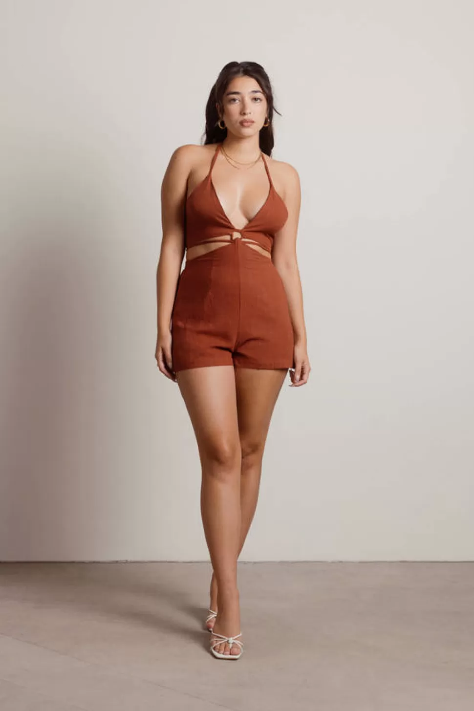 Rompers & Jumpsuits*Tobi Kiss Me Halter Cutout Waist Tie Romper Brown | Black