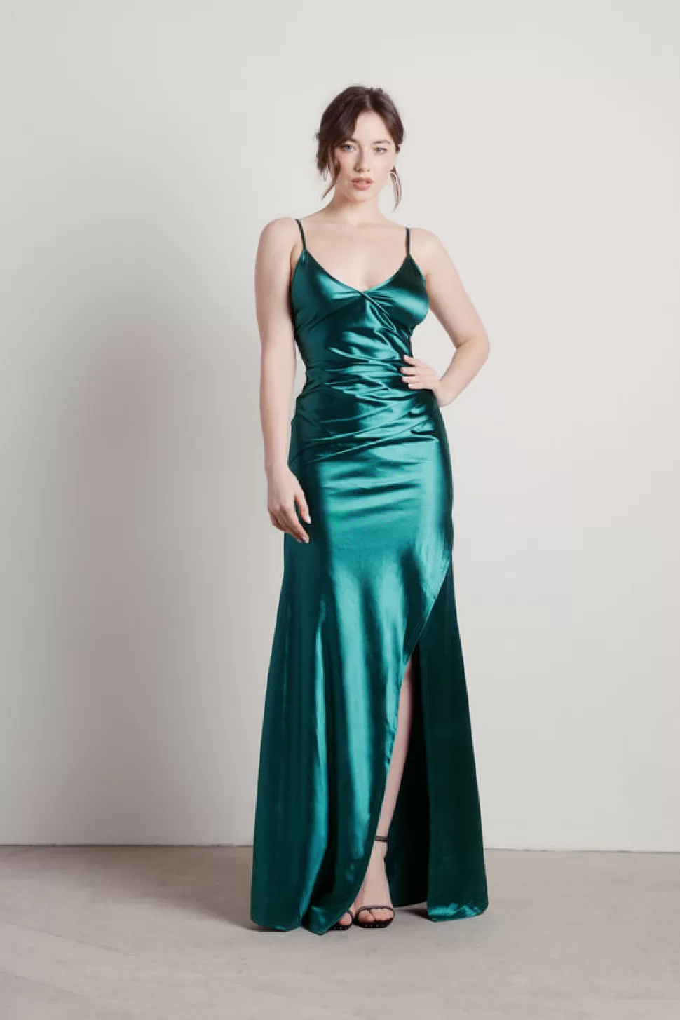 Bodycon Dresses*Tobi Knightly Dreams Satin High Slit Maxi Dress Black | Emerald