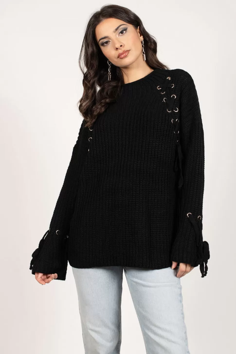 Long Sleeve Tops*Tobi Knit Fit Lace Up Sweater Black | Mocha