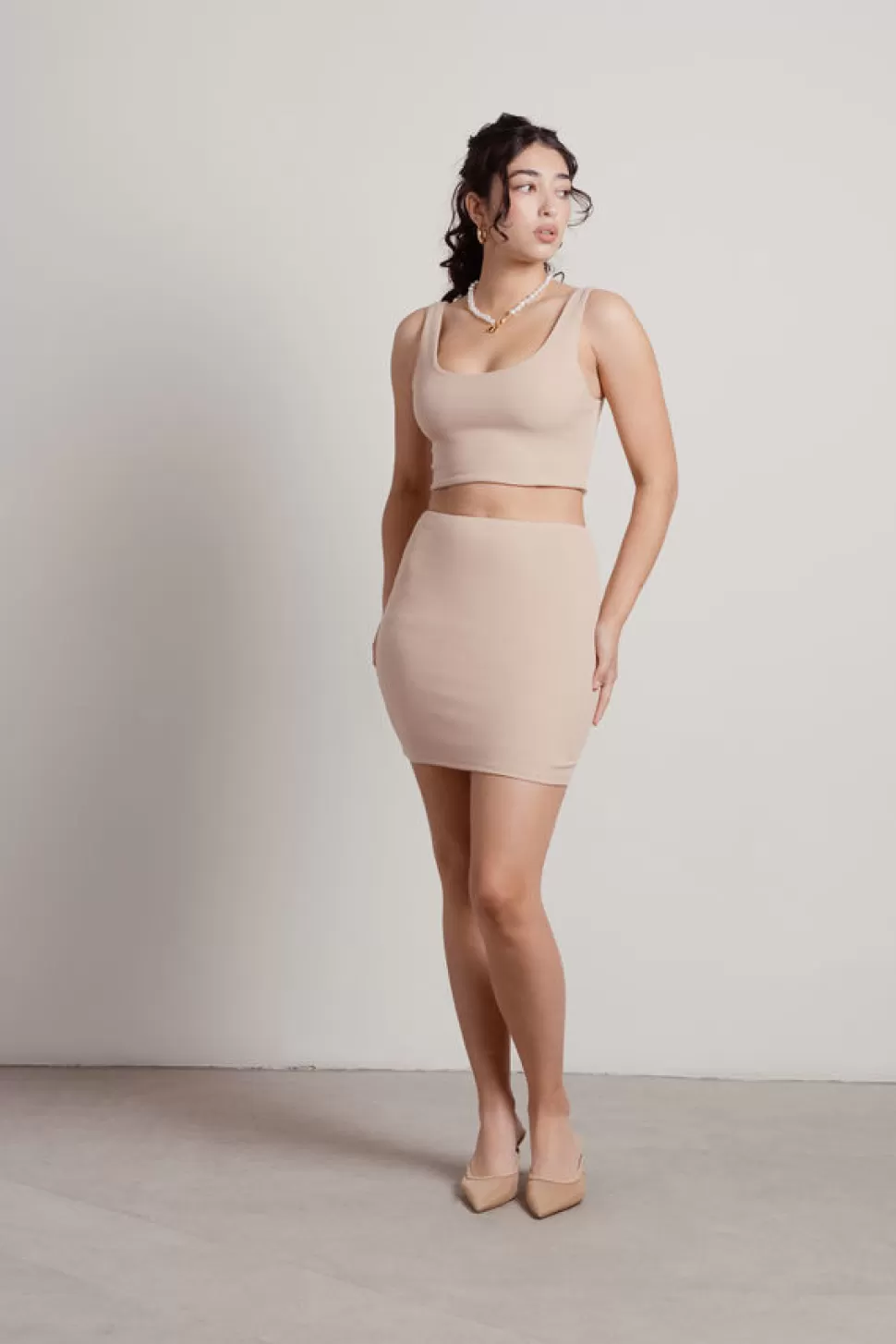 Two Piece Dresses*Tobi Know Better Ribbed Bodycon Crop Top Skirt Set Tan