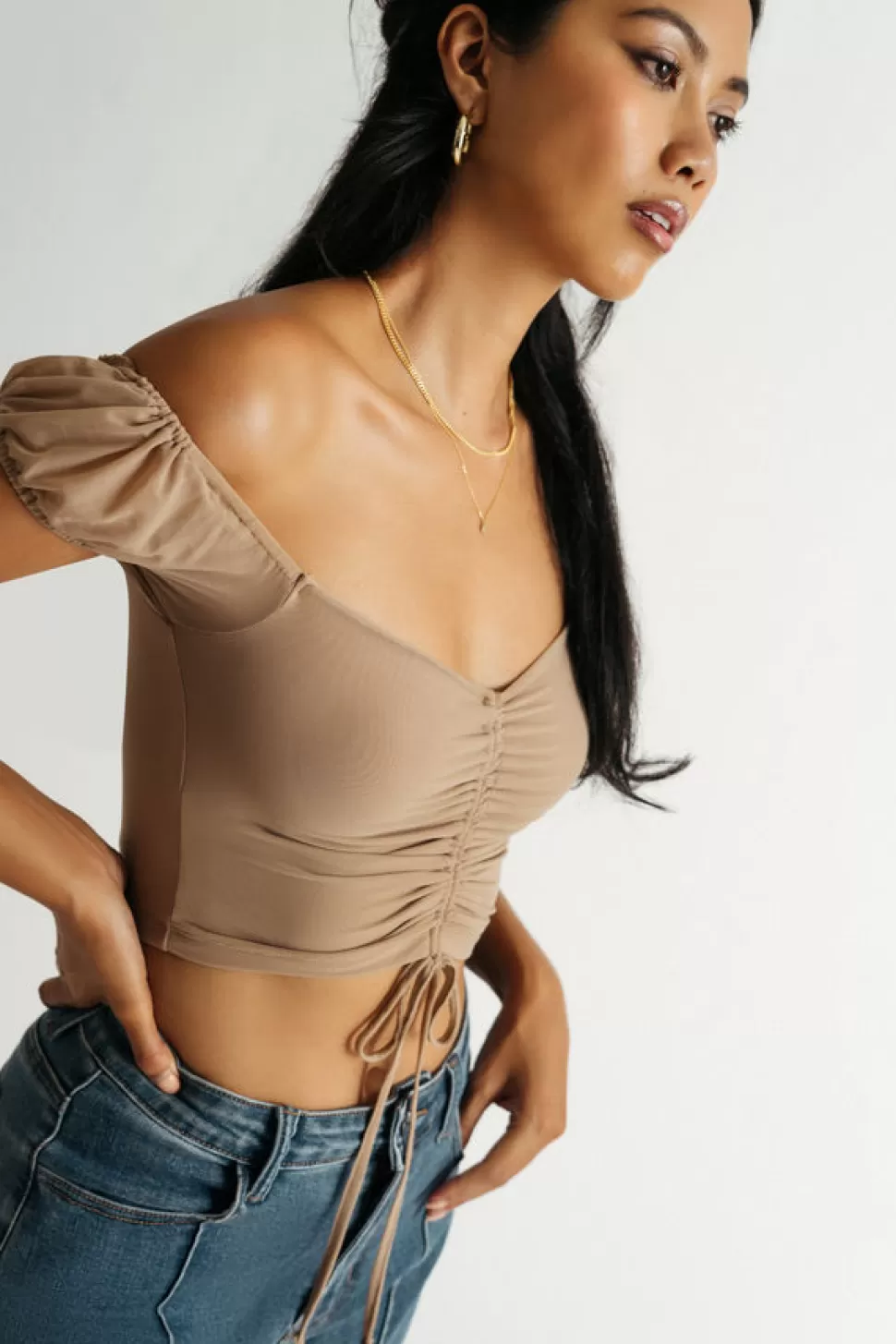 Puff Sleeve Tops*Tobi Know Me Mesh Ruched Puff Sleeve Crop Top Nude