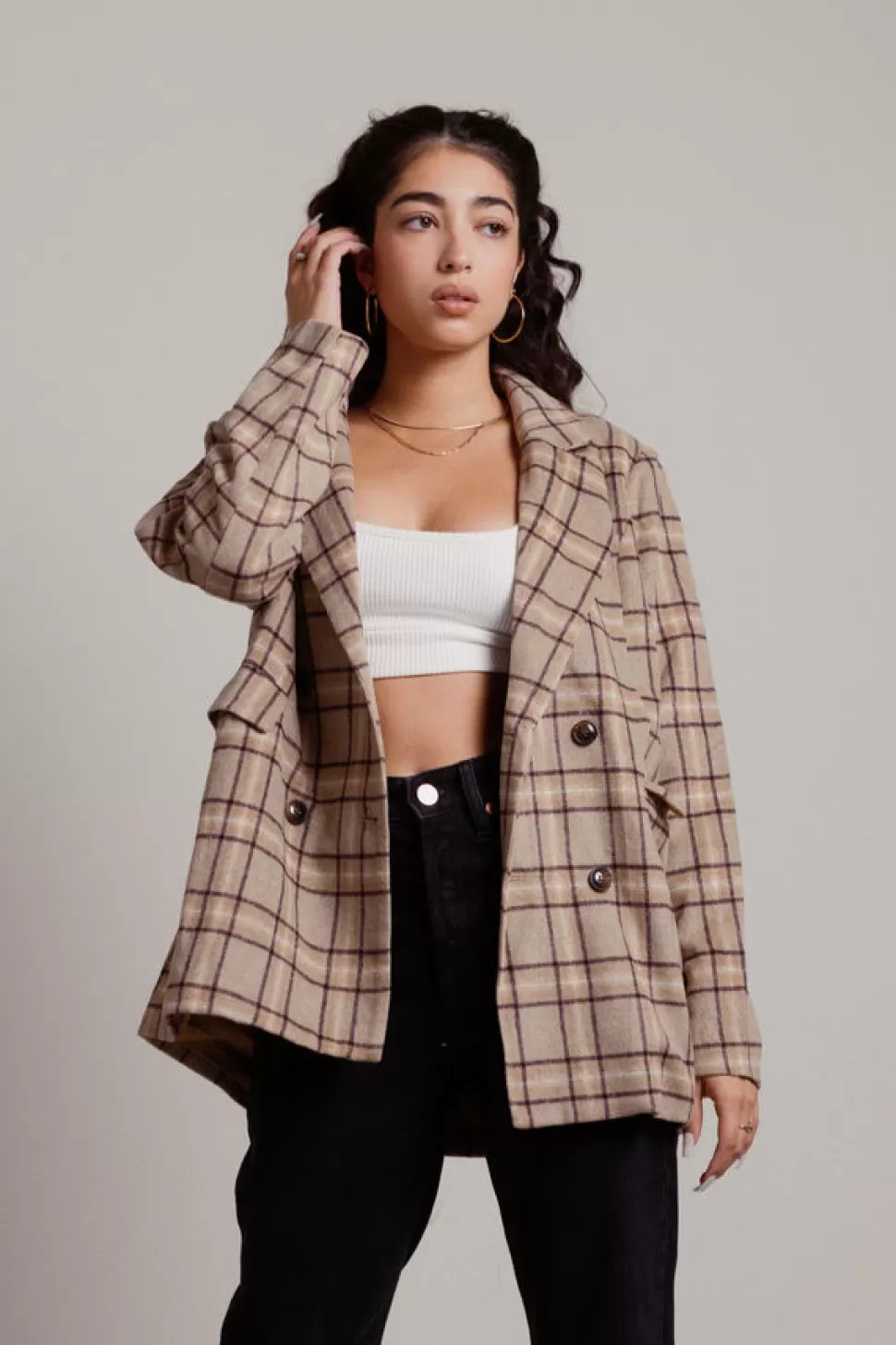 Coats*Tobi Korra Double Breasted Plaid Blazer Coat Mocha