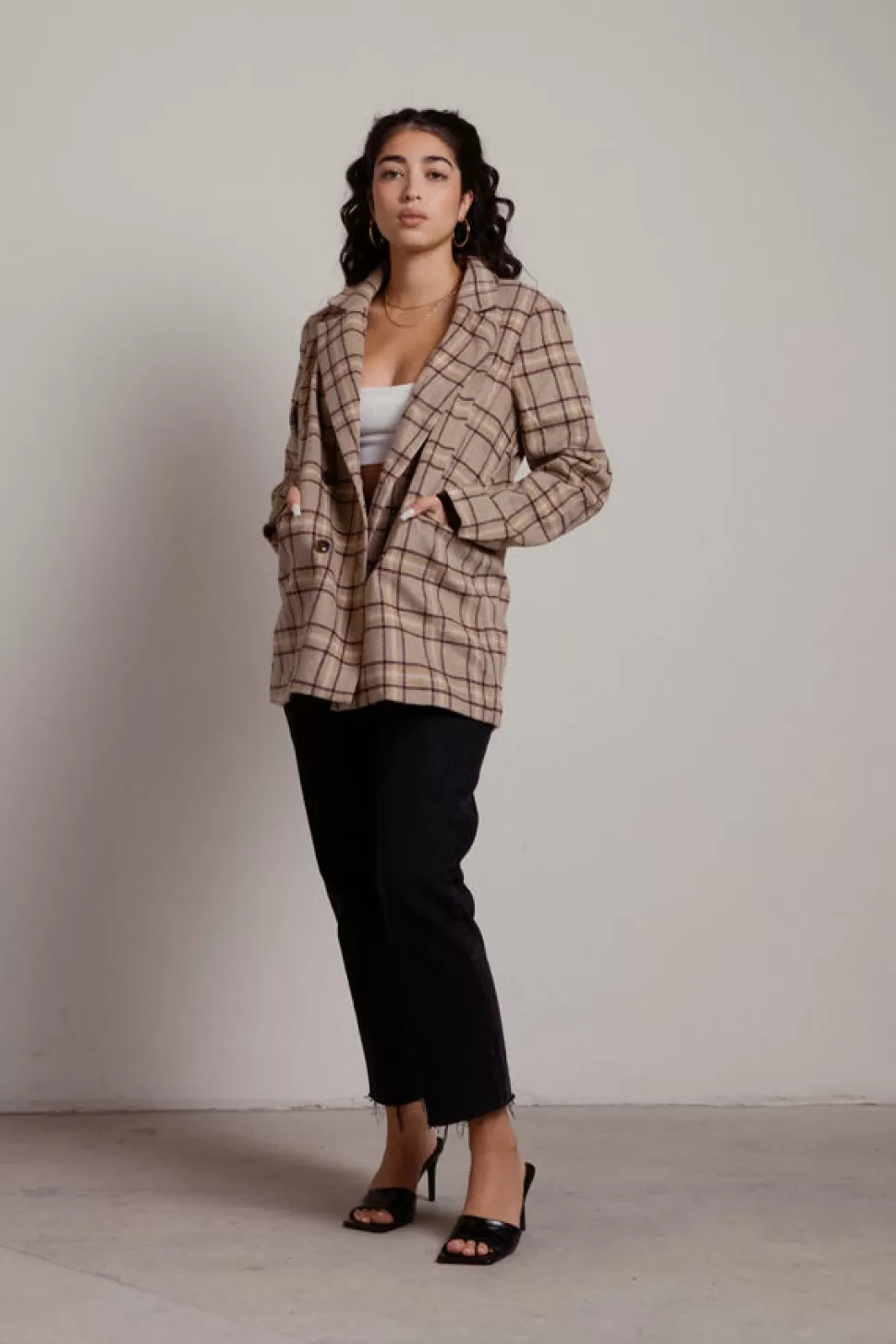 Coats*Tobi Korra Double Breasted Plaid Blazer Coat Mocha