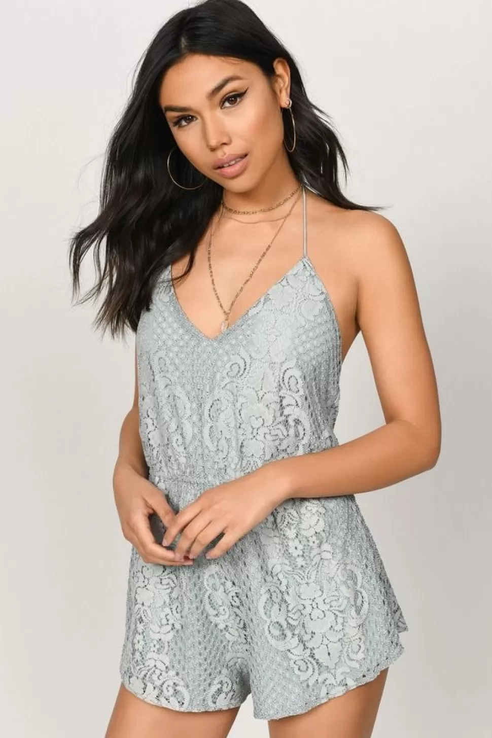 Rompers & Jumpsuits*Tobi Lace Face It Tie Up Romper Light Blue