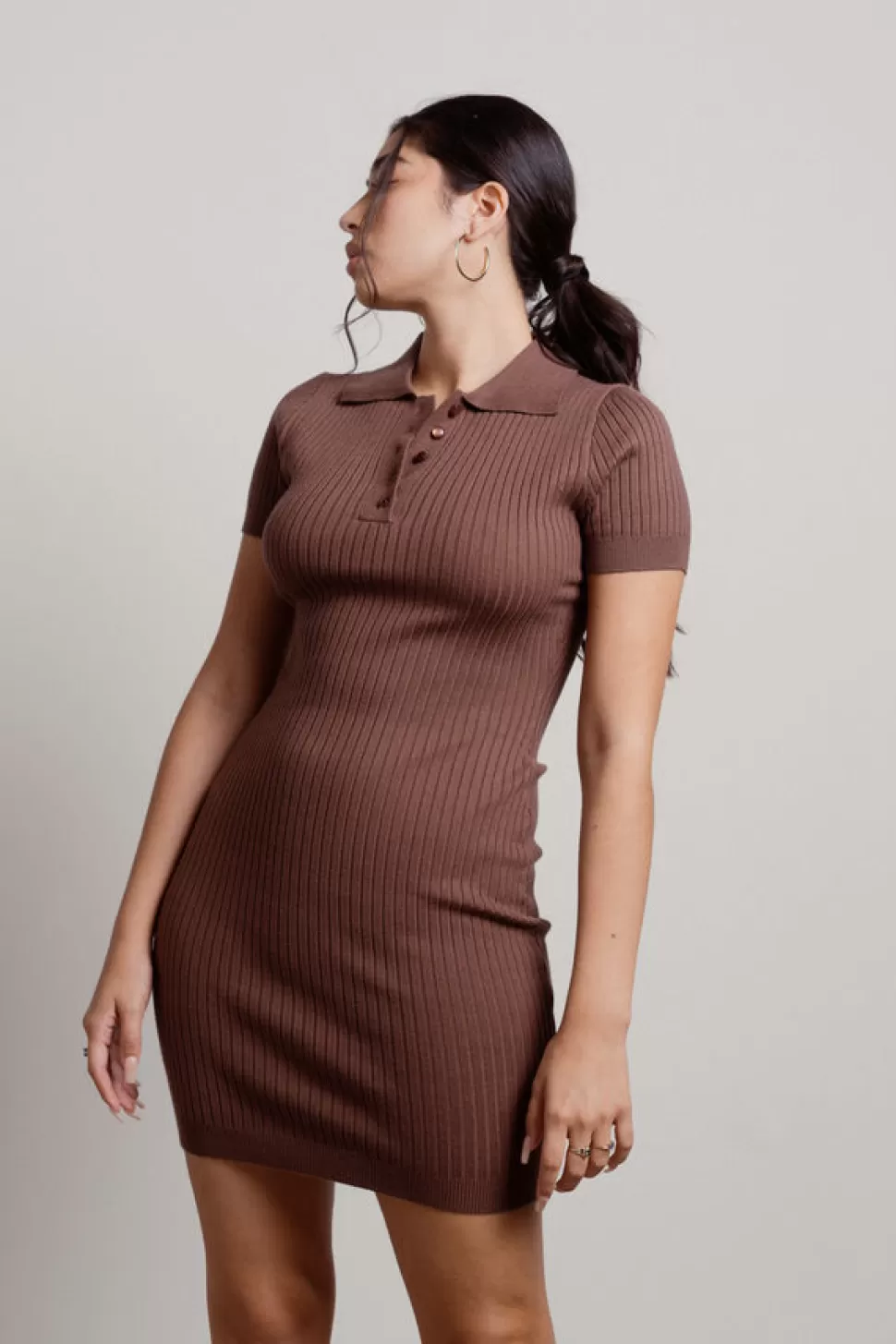 Bodycon Dresses*Tobi Late To Class Ribbed Collar Button Down Mini Dress Brown