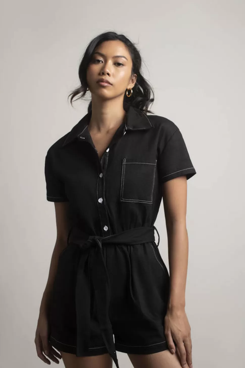 Rompers & Jumpsuits*Tobi Later On Collared Waist Tie Denim Romper Black