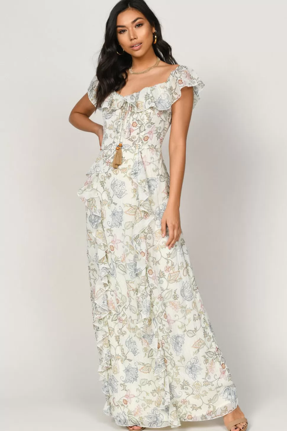 Boho Dresses*Tobi Layna Off Shoulder Ruffle Maxi Dress Ivory Multi