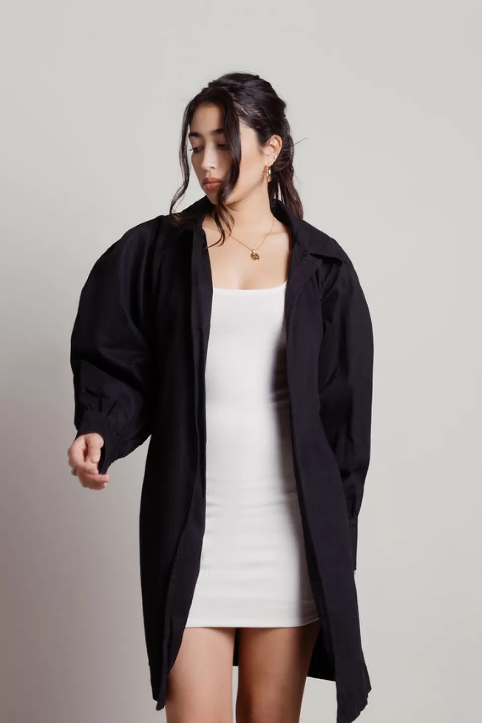 Coats*Tobi Leah Puff Sleeve Tie Waist Trench Coat Black