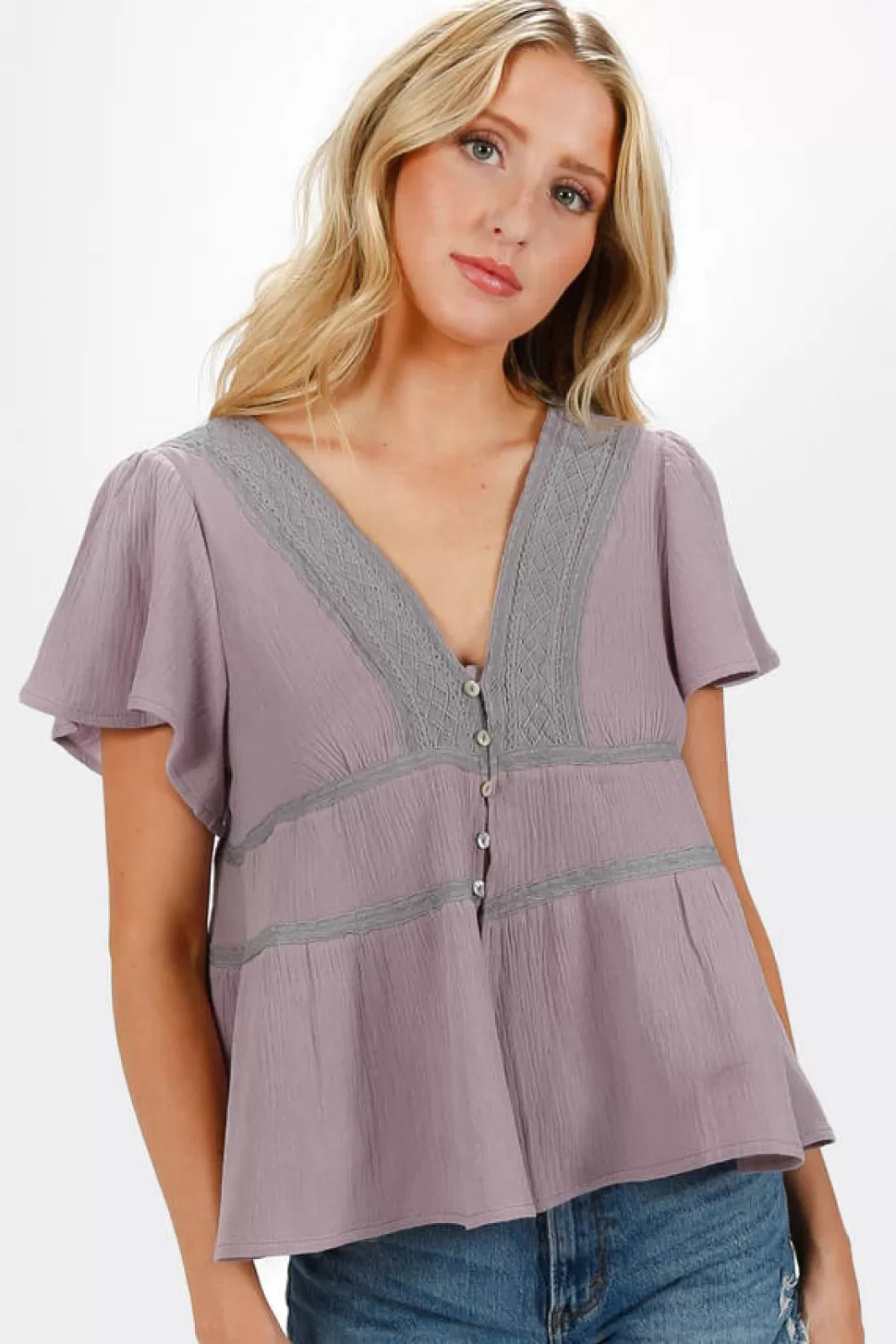 Blouses & Shirts*Tobi Leia Feminine Tiered Layer Lace Gauze Woven Top Lavender