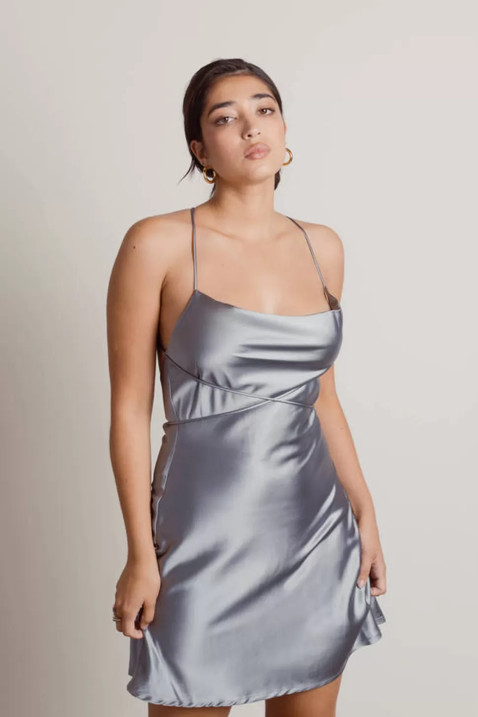 Backless Dresses*Tobi Light Up The Night Satin Cowl Neck Mini Dress Grey Sage | Black | Mauve