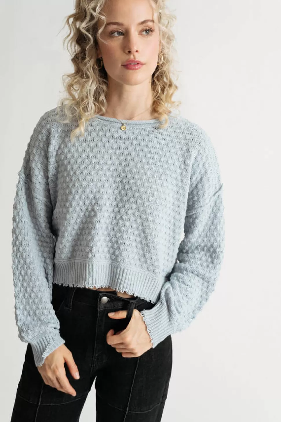 Long Sleeve Tops*Tobi Little Secret Textured Sweater Light Blue | Off White