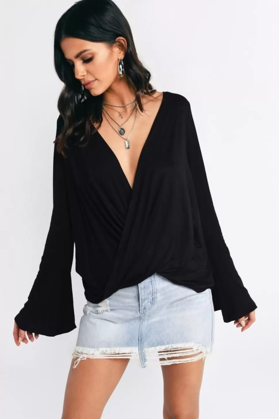 Long Sleeve Tops*Tobi Look At The Light Surplice Top Black | Taupe