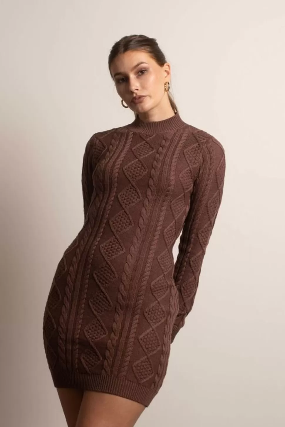 Backless Dresses*Tobi Look Back Open Back Cable Knit Bodycon Sweater Dress Brown | Stone