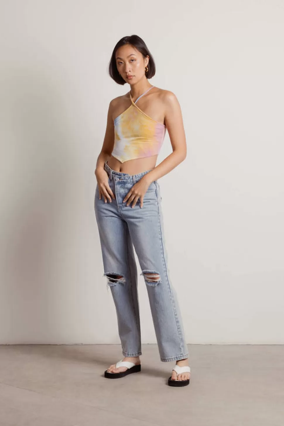 Crop Tops*Tobi Look Over Here Tie-Dye Diamond Crop Top Rainbow | Navy | Taupe Sage