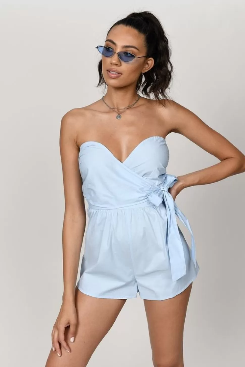 Rompers & Jumpsuits*Tobi Love City Smocked Wrap Romper Light Blue | White