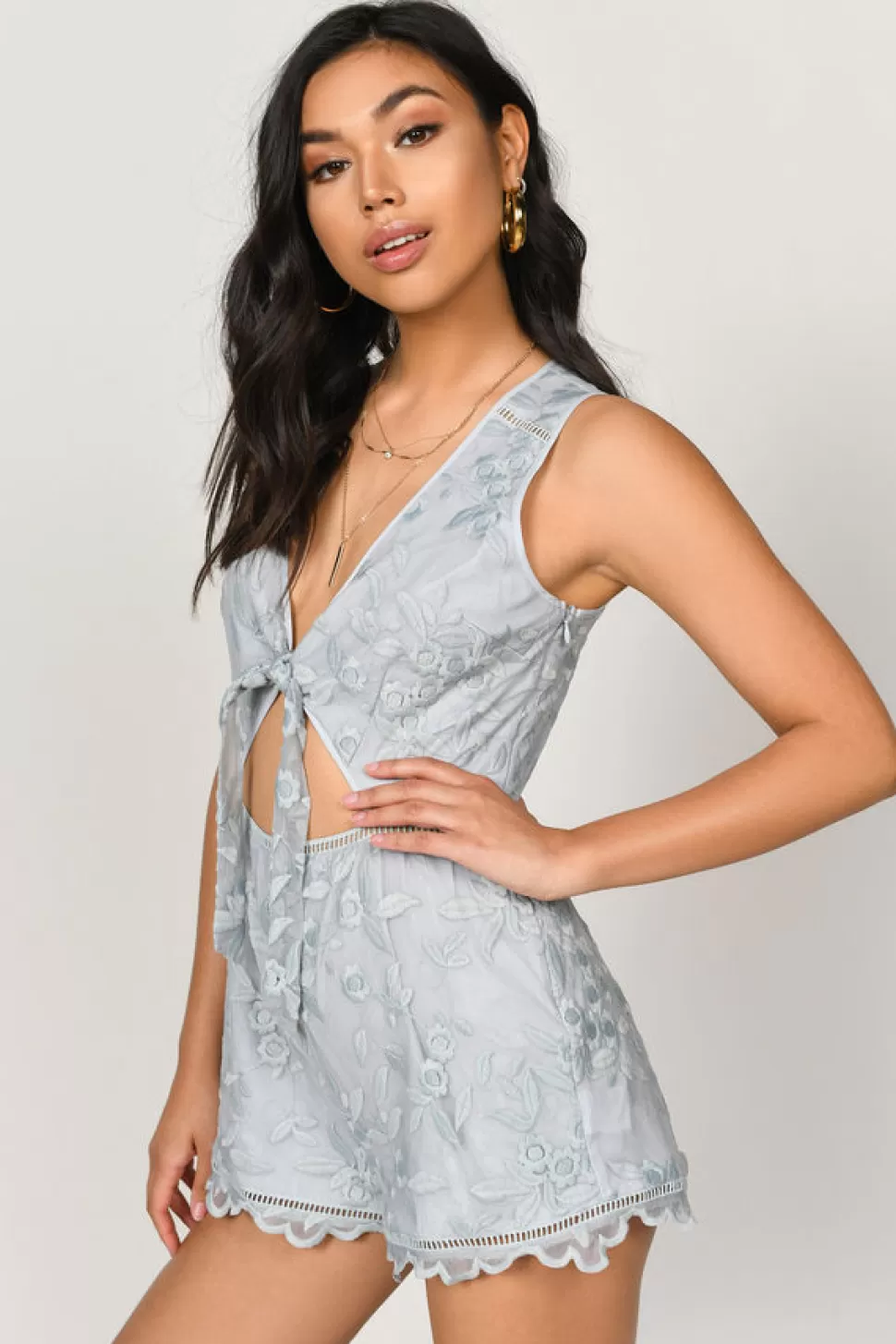 Rompers & Jumpsuits*Tobi Love Game Tie Front Romper Light Blue | White