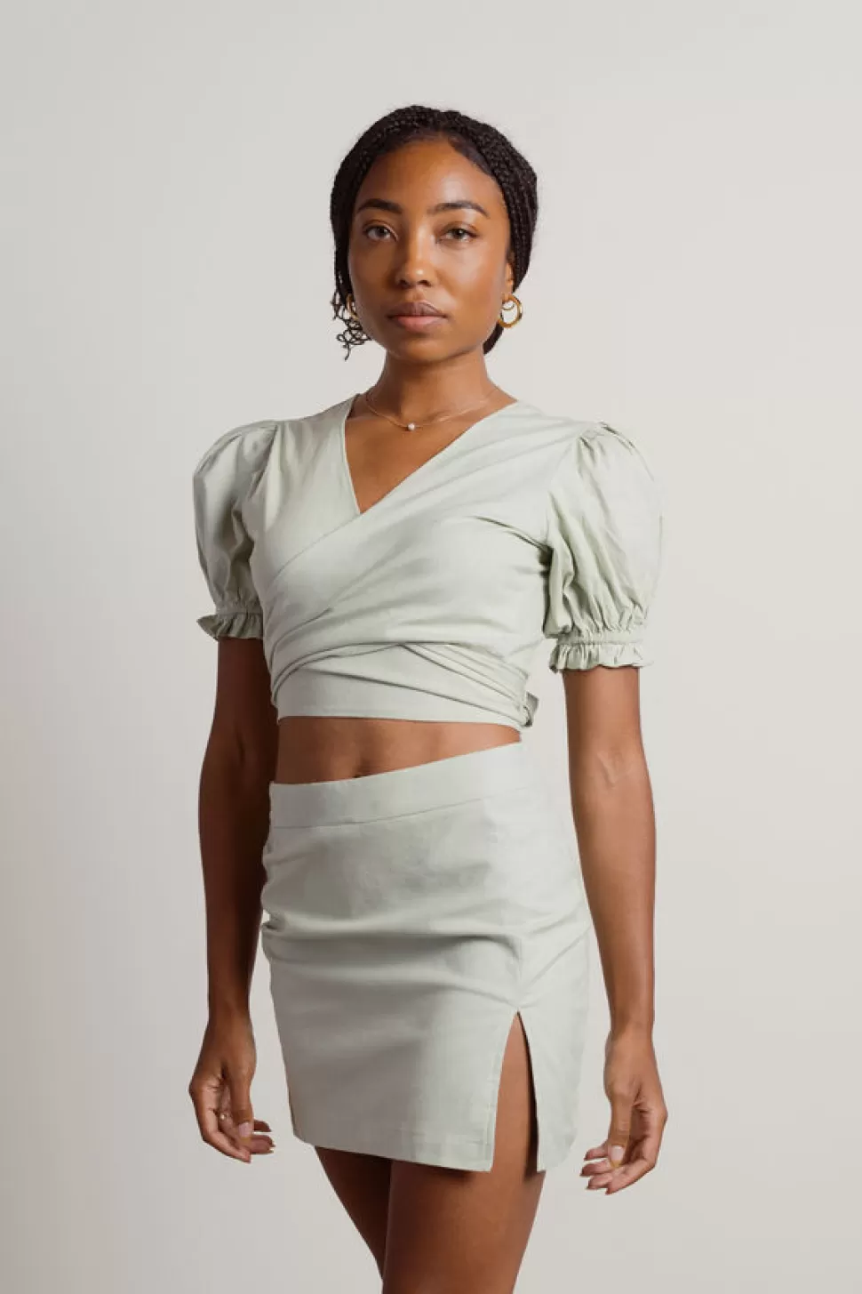 Two Piece Dresses*Tobi Lucia Linen Wrap Crop Top And Mini Skirt Set Sage