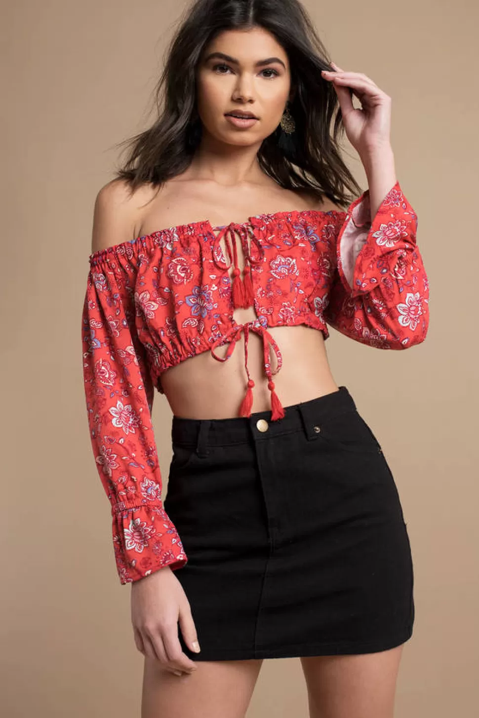 Red Tops*Tobi Lucia Off Shoulder Crop Top Red Multi