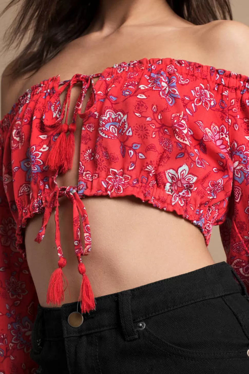 Red Tops*Tobi Lucia Off Shoulder Crop Top Red Multi