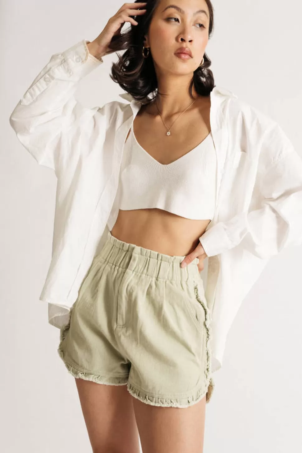 Shorts*Tobi Lucinda Ruffled Paperbag Shorts Sage | White