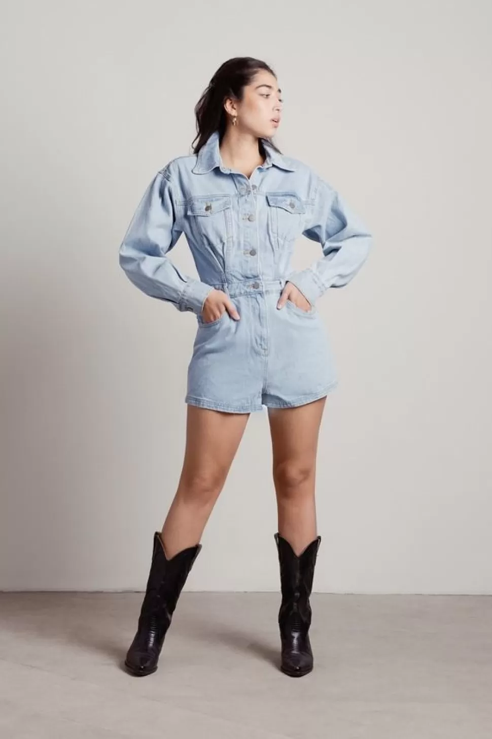 Rompers & Jumpsuits*Tobi Luisa Long Sleeve Denim Romper Light Wash