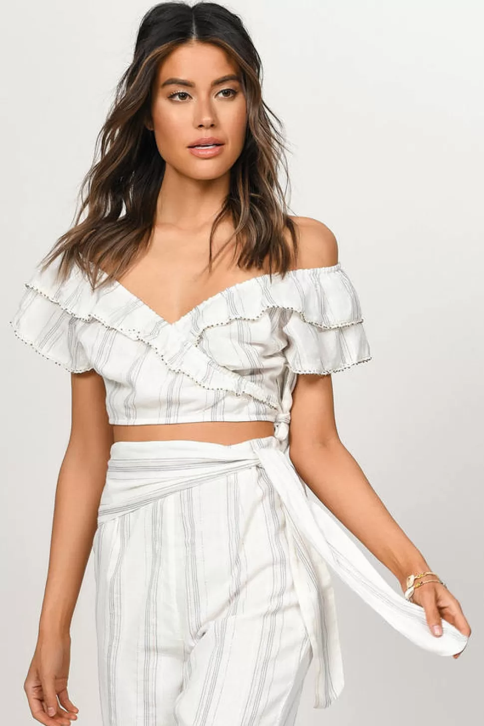 Off The Shoulder Tops*Tobi Lynn Ruffle Stripe Crop Top White Multi