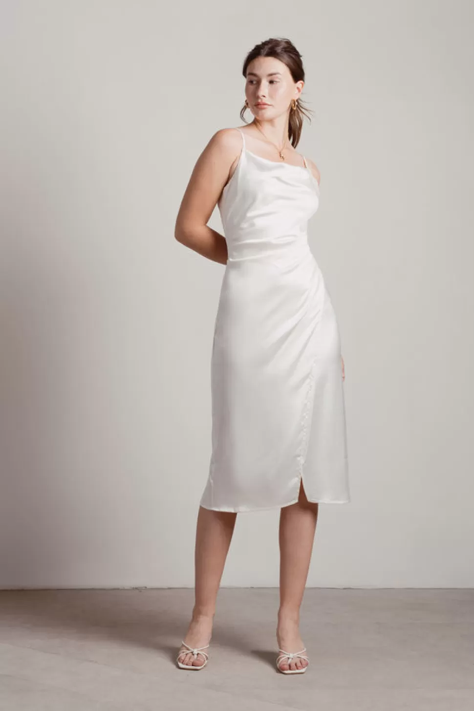 Black Tie & Evening Dresses*Tobi Maddy Cowl Neck Satin Slip Midi Dress Ivory | Blush | Champagne