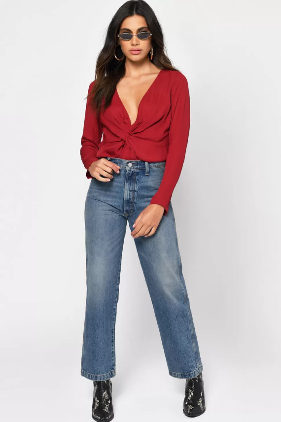 Red Tops*Tobi Madeline Plunging Blouse Wine | Black