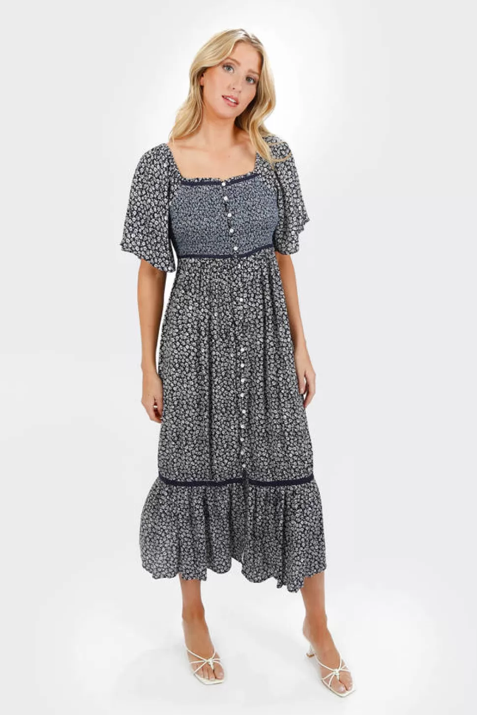 Boho Dresses*Tobi Maeve Button Front Smocked Short Sleeve Midi Dress Midnight | Sage