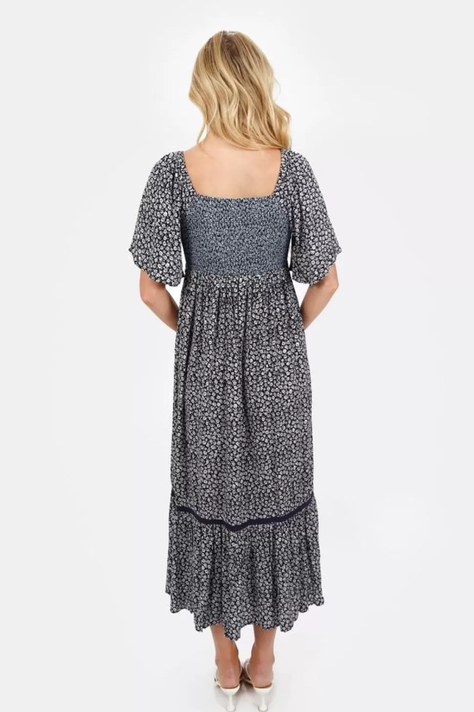 Boho Dresses*Tobi Maeve Button Front Smocked Short Sleeve Midi Dress Midnight | Sage